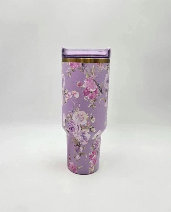 Purple Floral 40 oz Insulated Tumbler with Handle & Straw –