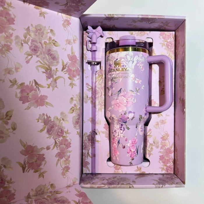 Purple Floral 40 oz Insulated Tumbler with Handle & Straw –