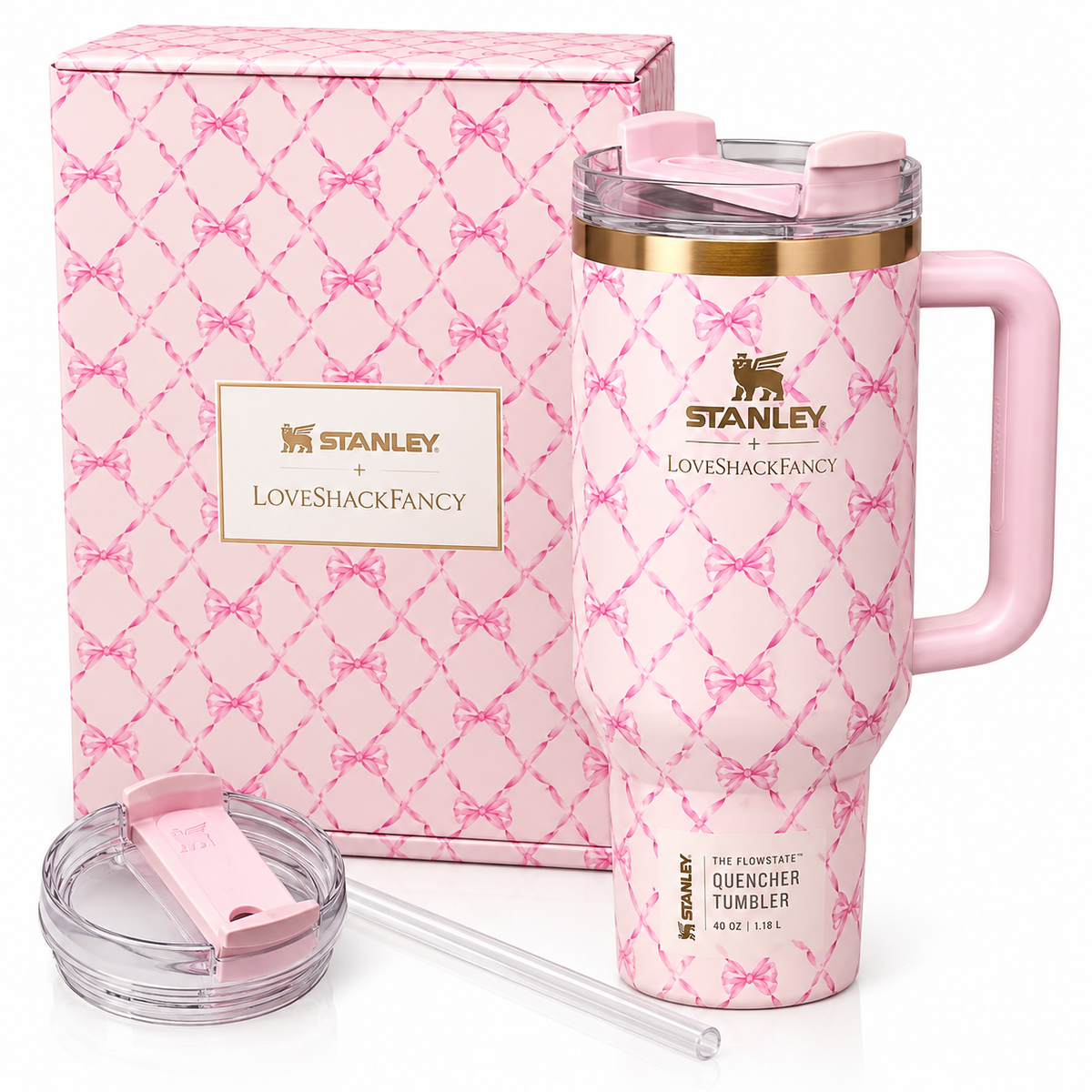 Stanley x LoveShackFancy Quencher H2.0 FlowState Tumbler 40oz | Pink Floral Bow Design
