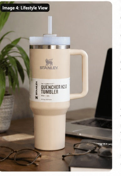 40 oz Quencher-Style Insulated Tumbler with Handle & Straw – Cream Beige