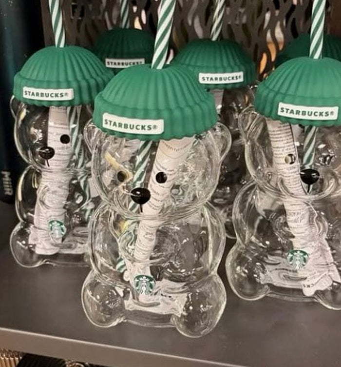 Starbucks Bear Glass Cup with Green Lid & Straw – 16oz
