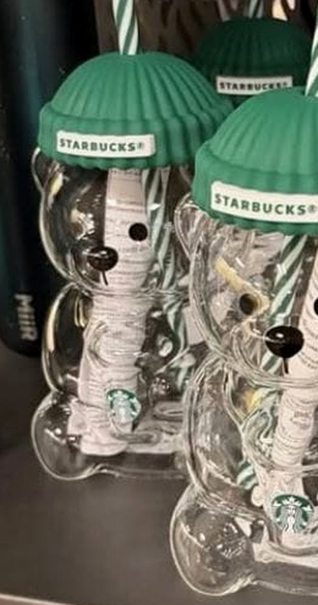 Starbucks Bear Glass Cup with Green Lid & Straw – 16oz